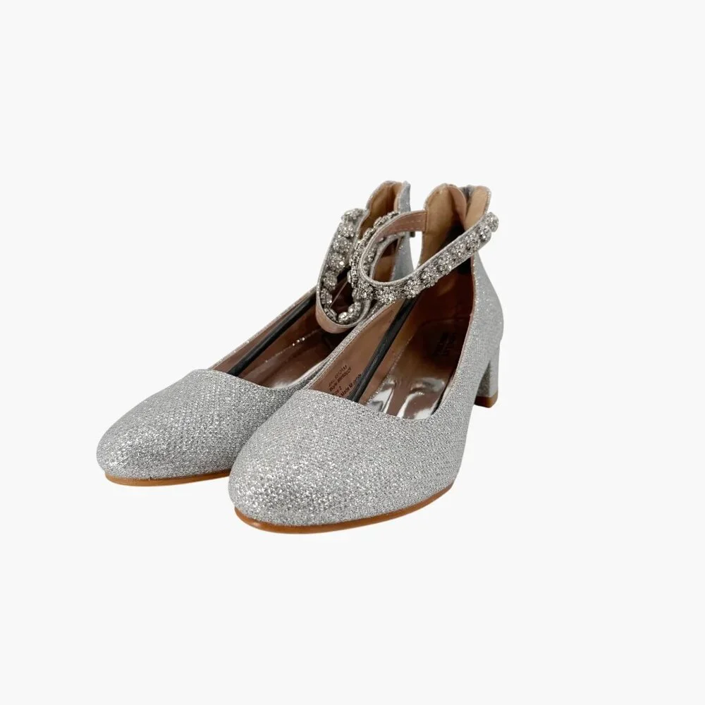 NEW Badgley Mischka Girls’ Glitter Mesh Block Heel - Silver - Size 2